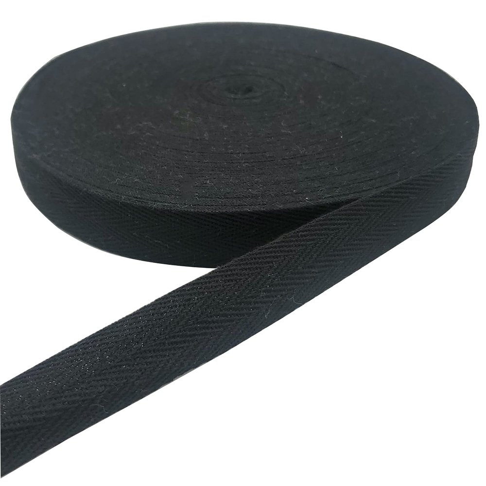 50 Yards Herringbone Tape, Cotton Twill Ribbon for Sewing, Natural Webbing Bias Binding Tape for DIY Craft (Black, 1in)