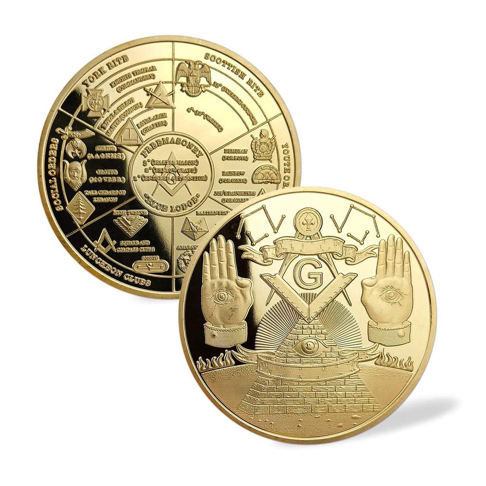 Masonic Challenge Coin Gold Plated for Freemason Coin 3D Design with Case