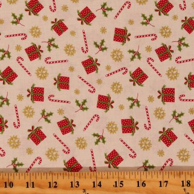 Cotton Holly Jolly Christmas Presents Gifts Metallic Gold Snowflakes Candy Canes Cream Cotton Fabric Print by The Yard (D402.59)