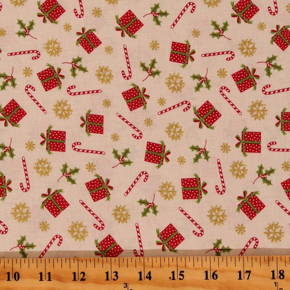 Cotton Holly Jolly Christmas Presents Gifts Metallic Gold Snowflakes Candy Canes Cream Cotton Fabric Print by The Yard (D402.59)
