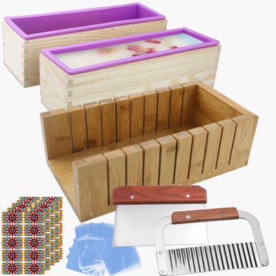 2 PCS Silicone soap molds Making Kit soap loaf bar Making molds (44oz Purple Pink Silicone) for Adults - Stainless Steel Wavy & Straight Slicer - 50 Shrink Bags and Labels