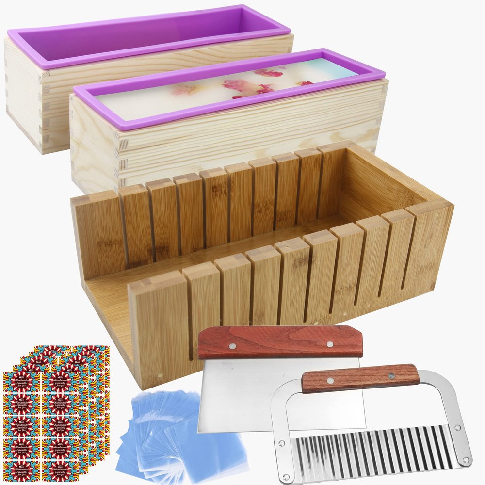 2 PCS Silicone soap molds Making Kit soap loaf bar Making molds (44oz Purple Pink Silicone) for Adults - Stainless Steel Wavy & Straight Slicer - 50 Shrink Bags and Labels