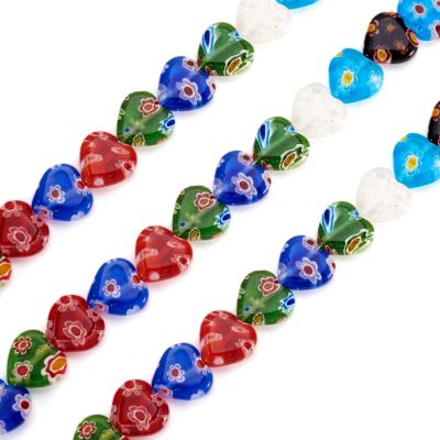 Craftdady 30Pcs Millefiori Lampwork Glass Heart Beads Handmade Colorful Flower Pattern Spacer Loose Beads 12x12mm for Jewelry Craft Making