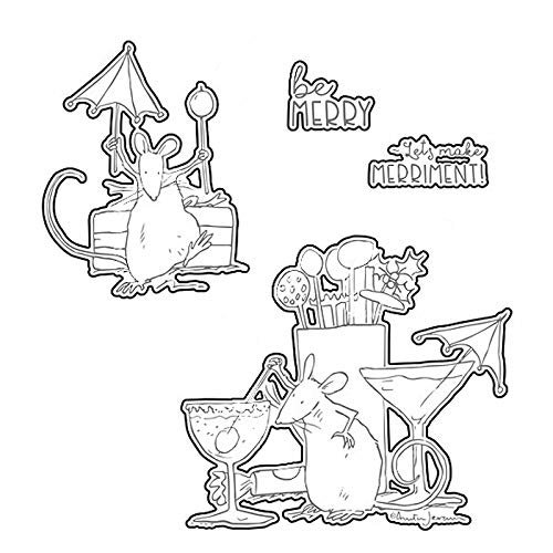 Mice Mouse Playing Drinking Cups Spoon Umberall Drinks Dies and Stamp Sets for Card Making Be Merry Lets Make Merriment Words Dies for Paper Crafting DIY Scrapbooking Embossing Stencils