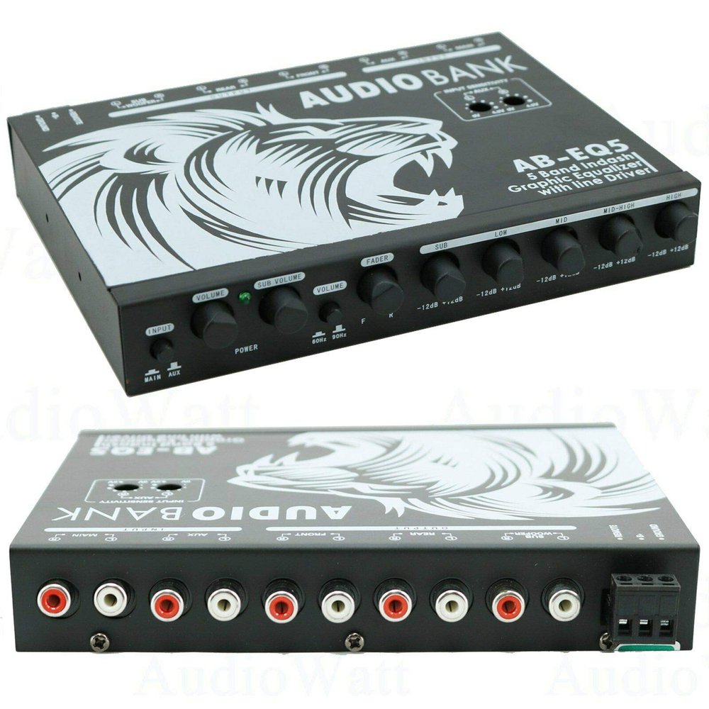 Audiobank AB-EQ5 Five Bank in-Dash Graphic Equalizer 1/2 din with RCA Outputs/Gold Plated Connectors and Separate Controls for Master System with Line Driver -2nd Gen