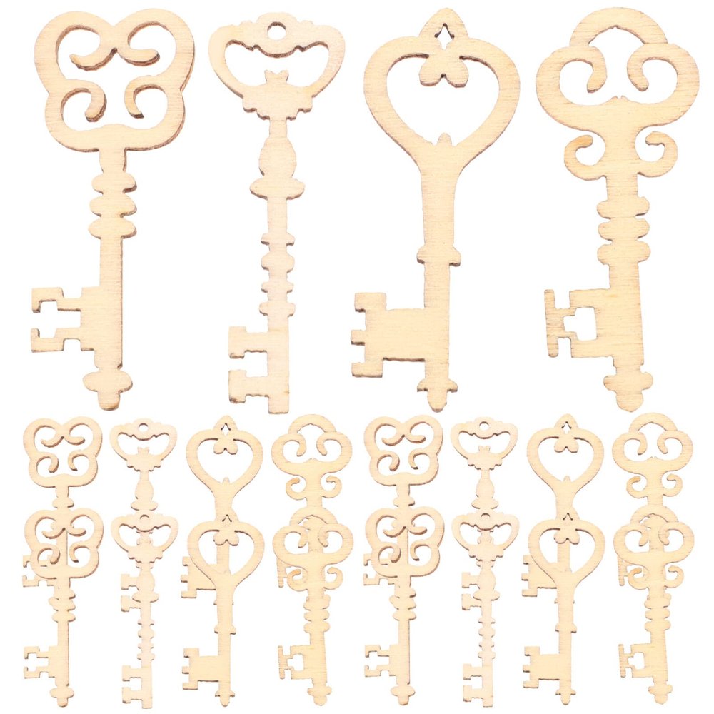 Amosfun 20Pcs Handmade Wooden Keys 1.57In Natural Lightweight Scrapbooking Embellishments for DIY Crafts Home Decoration Accessories
