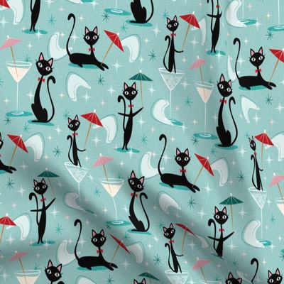Spoonflower Fabric - Cocktail Umbrella Cats Cool 50S Retro Black Vintage Style Umbrellas Printed on Upholstery Velvet Fabric Fat Quarter - Upholstery Home Decor Bottomweight Apparel