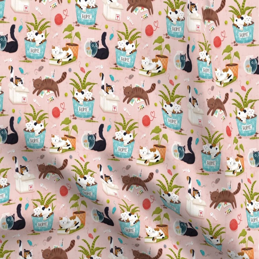 Spoonflower Fabric - Home Cats Cute Cat Kitten Decor Hand Drawn Printed on Organic Cotton Sateen Fabric Fat Quarter - Sewing Quilting Apparel Home Decor