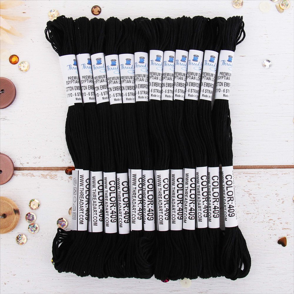12 Skeins ThreadArt Premium Egyptian Long Fiber Cotton Embroidery Floss | Black | 6 Strand Divisible Thread 8.75yds Each for Hand Embroidery, Friendship Bracelets, Cross Stitch and Crafts