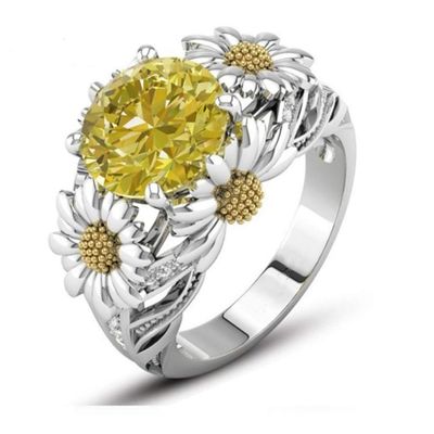 SixTwo Fashion Lady 925 Sterling Silver Ring 3.5ct Citrine Daisy Ring AAA Cubic Zirconia Sunflower Flower Round Cut Solitaire Engagement Wedding Ring Size 6-10 (7)