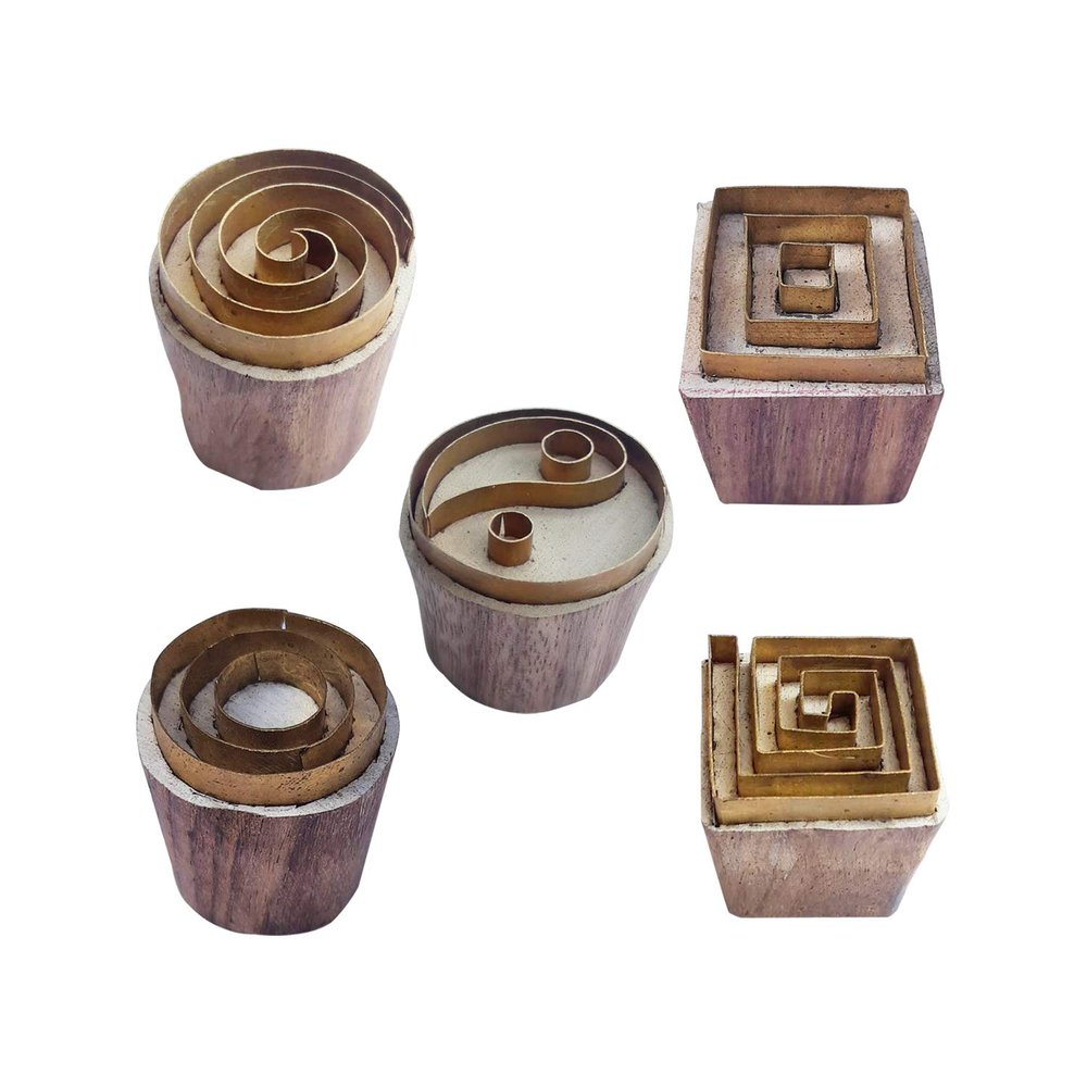Royal Kraft Round Brass Wooden Stamps (Set of 5) for Block Printing on Clay, Pottery, Fabric BHtag0058
