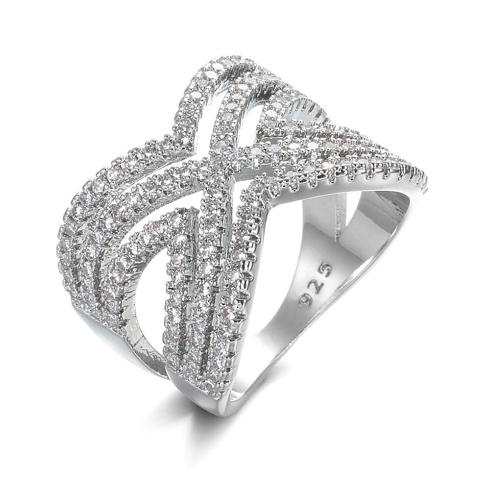 SixTwo 925 Sterling Silver Shiny Full Diamond AAA Cubic Zirconia Rings CZ Diamond Multi Row Ring X Cross Ring Eternity Engagement Wedding Band Ring for Women (7)
