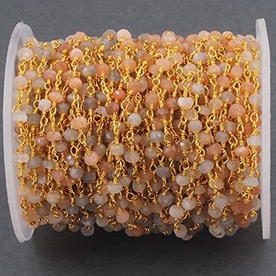 50 Feets Multi Moonstone Rosary Style 2.5mm-3mm Beaded Chain -Bulk Wholesale 24k Gold Plated Chain