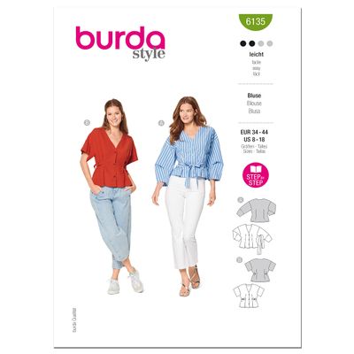 Burda Style Misses' V-Neck Blouse, Code 6135 Sewing Pattern Kit, Sizes 8-18, Multicolor