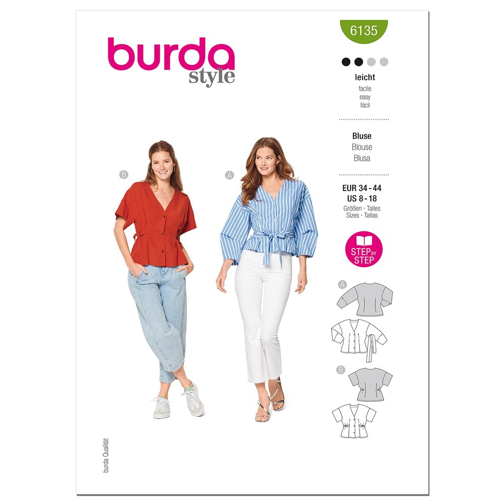 Burda Style Misses' V-Neck Blouse, Code 6135 Sewing Pattern Kit, Sizes 8-18, Multicolor