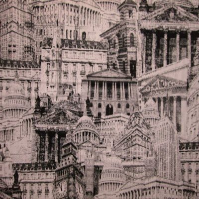 Sizes: Half Yard (18 x 44) City Buildings NYC Washington DC UK Greece Black White Cotton Fabric BTHY