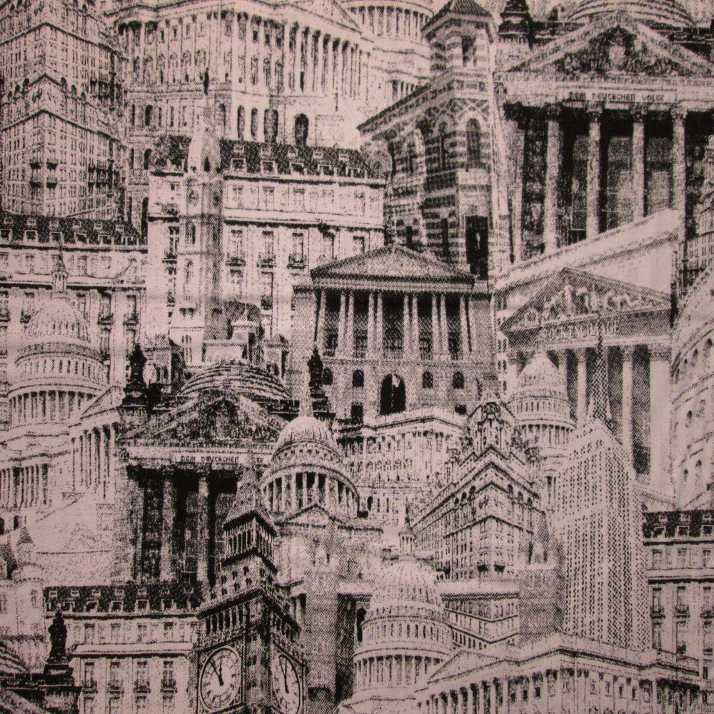 Sizes: Half Yard (18 x 44) City Buildings NYC Washington DC UK Greece Black White Cotton Fabric BTHY