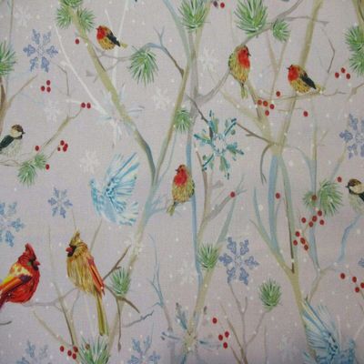 Sizes: Half Yard (18 x 44) MOD Birds Snowflakes First Frost Trees Bright White Digital Cotton Fabric BTHY