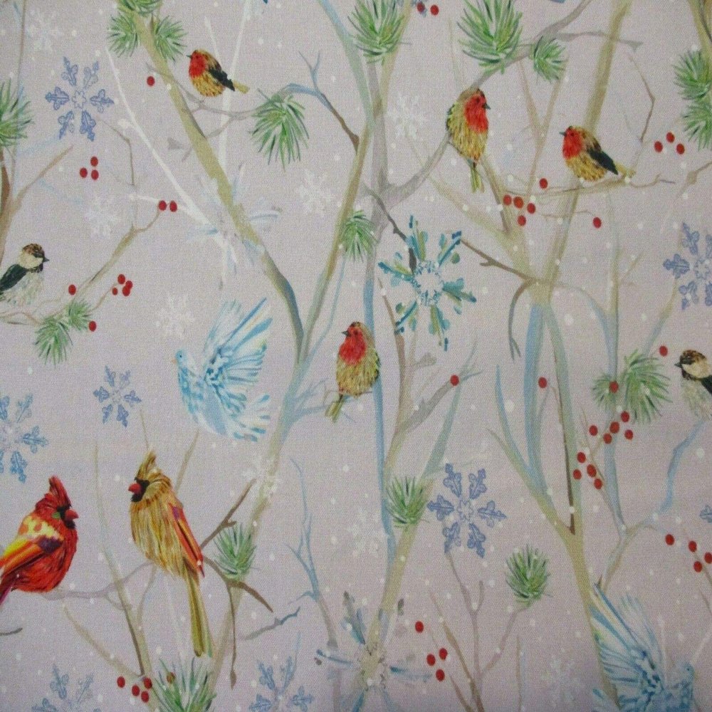 Sizes: Half Yard (18 x 44) MOD Birds Snowflakes First Frost Trees Bright White Digital Cotton Fabric BTHY