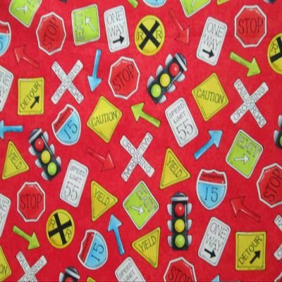 Sizes: Half Yard (18 x 44) Road Signs Construction Railroad Sign RED Cotton Fabric BTHY