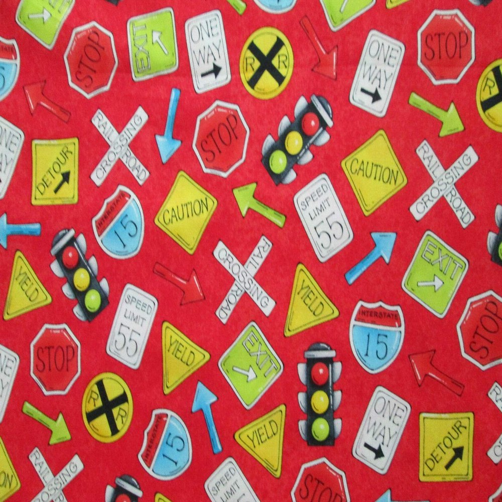Sizes: Half Yard (18 x 44) Road Signs Construction Railroad Sign RED Cotton Fabric BTHY