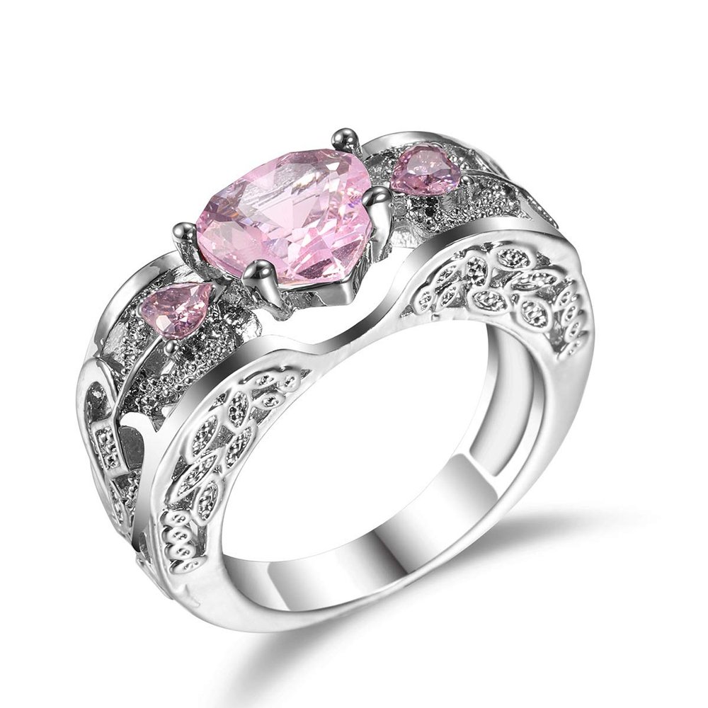 SixTwo Princess 925 Silver Red Ruby Gemstone Birthstone Wedding Engagement Heart Ring Simulated Garnet Heart & Cz Ring Solitaire Promise Ring (Pink, 6)