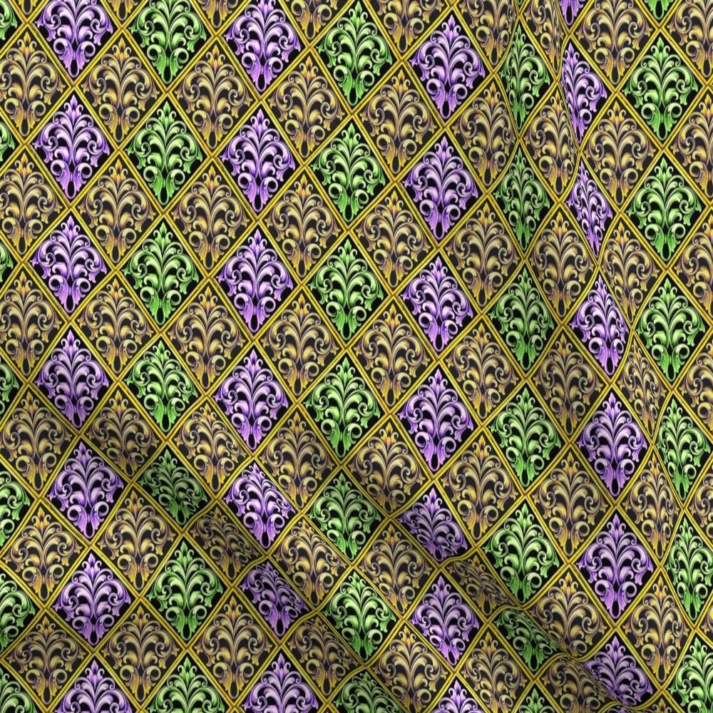 Spoonflower Fabric - Mardi Gras Green Purple Gold Celebrate Carnival Printed on Denim Fabric Fat Quarter - Bottomweight Apparel Home Decor Upholstery