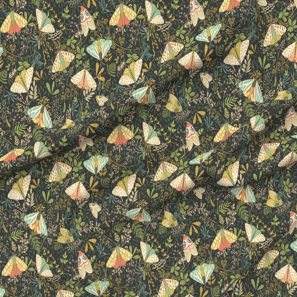 Spoonflower Fabric - Moths Butterflies Green Leaves Nature Botanical Fantasy Garden Insects Printed on Petal Signature Cotton Fabric by The Yard - Sewing Quilting Apparel Crafts Decor