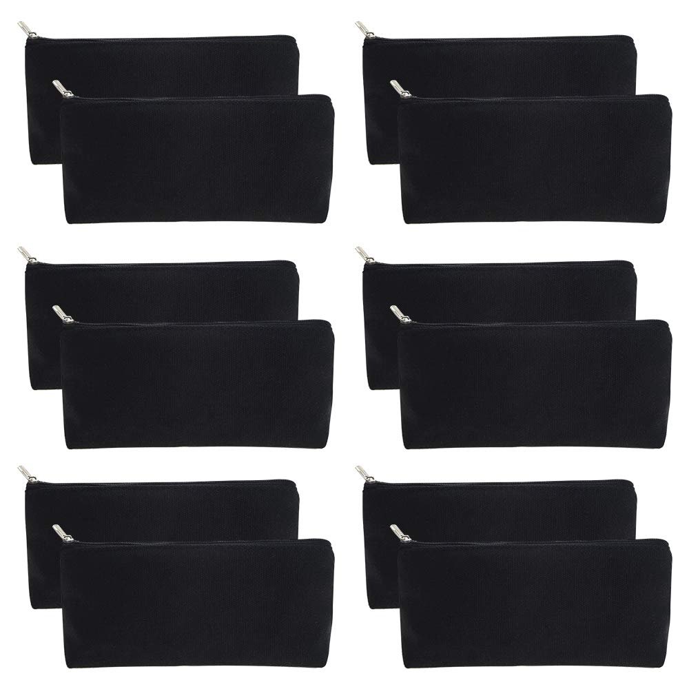 Muka 12 Pack Canvas Bag Makeup Travel Bag 7 x 3-1/8 x 1-1/2 Inch - Black