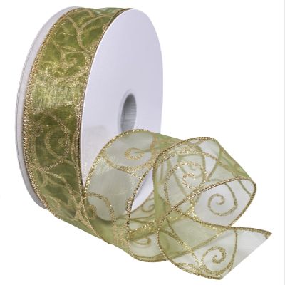 Morex Ribbon Wired Swirl Sheer Glitter Ribbons, Holiday Ribbon for Crafts and Christmas Decorations, Gift Wrapping, 1.5" x 50 Yd, Moss/Gold