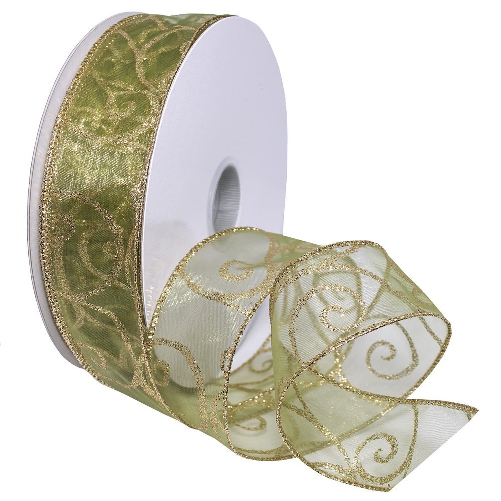Morex Ribbon Wired Swirl Sheer Glitter Ribbons, Holiday Ribbon for Crafts and Christmas Decorations, Gift Wrapping, 1.5" x 50 Yd, Moss/Gold