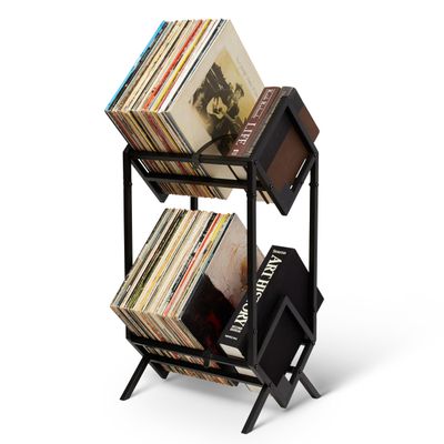 MODERN VINYL Record Holder - Vinyl Record Storage Rack 2 Tier - Matte Black Metal - 160-200 LP Storage - Quick Assembly - Vinyl Display, Storage - Organize Albums Book, Magazine Files