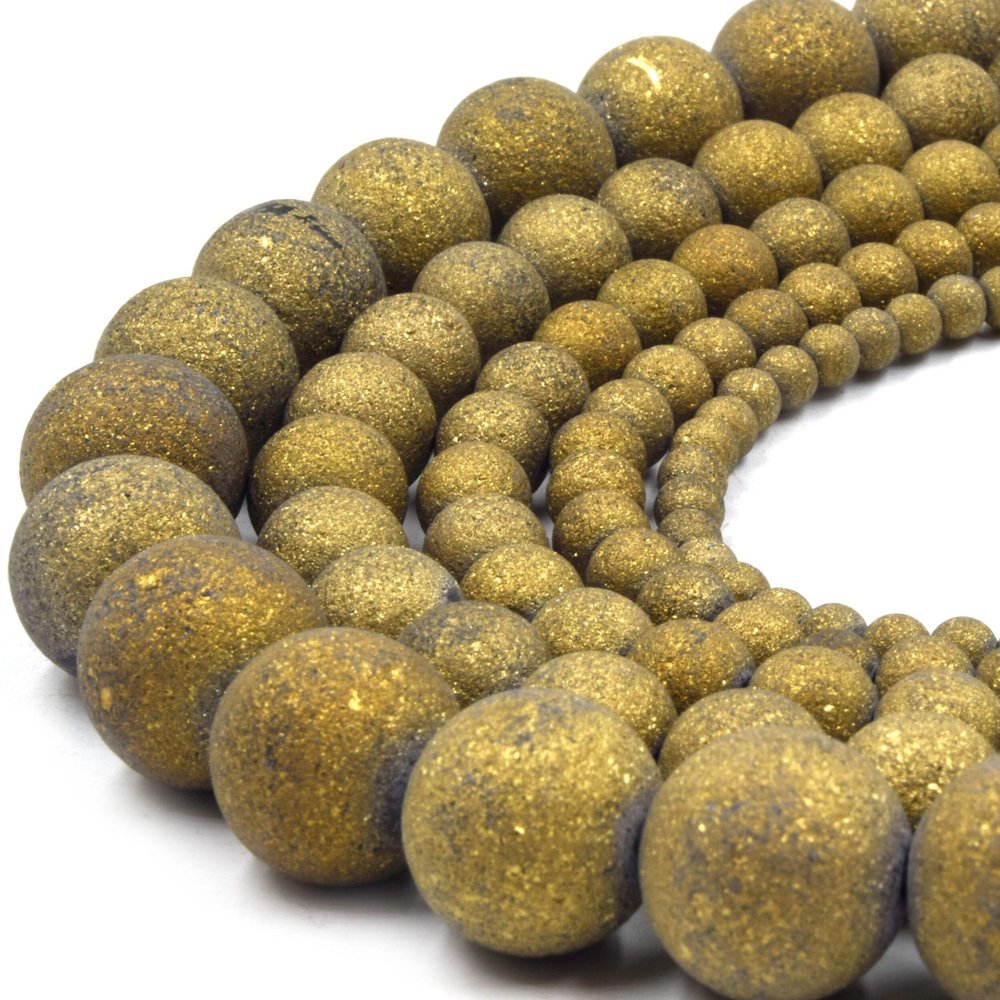 Druzy Glass Beads | Frosted Metallic Round Shaped Glass Beads | Titanium Coated Glass Bead 14mm Gold
