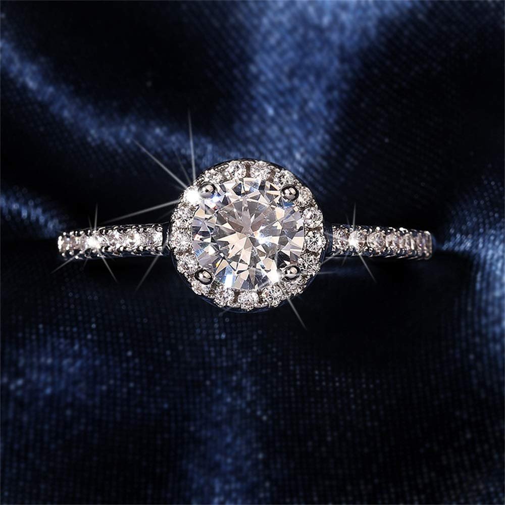 925 Sterling Silver Shiny Full Diamond Gemstone Ring 1 Carat Halo Solitaire Round Cubic Zirconia Promise CZ Engagement Wedding Band Classic Four Prong Ring (9)