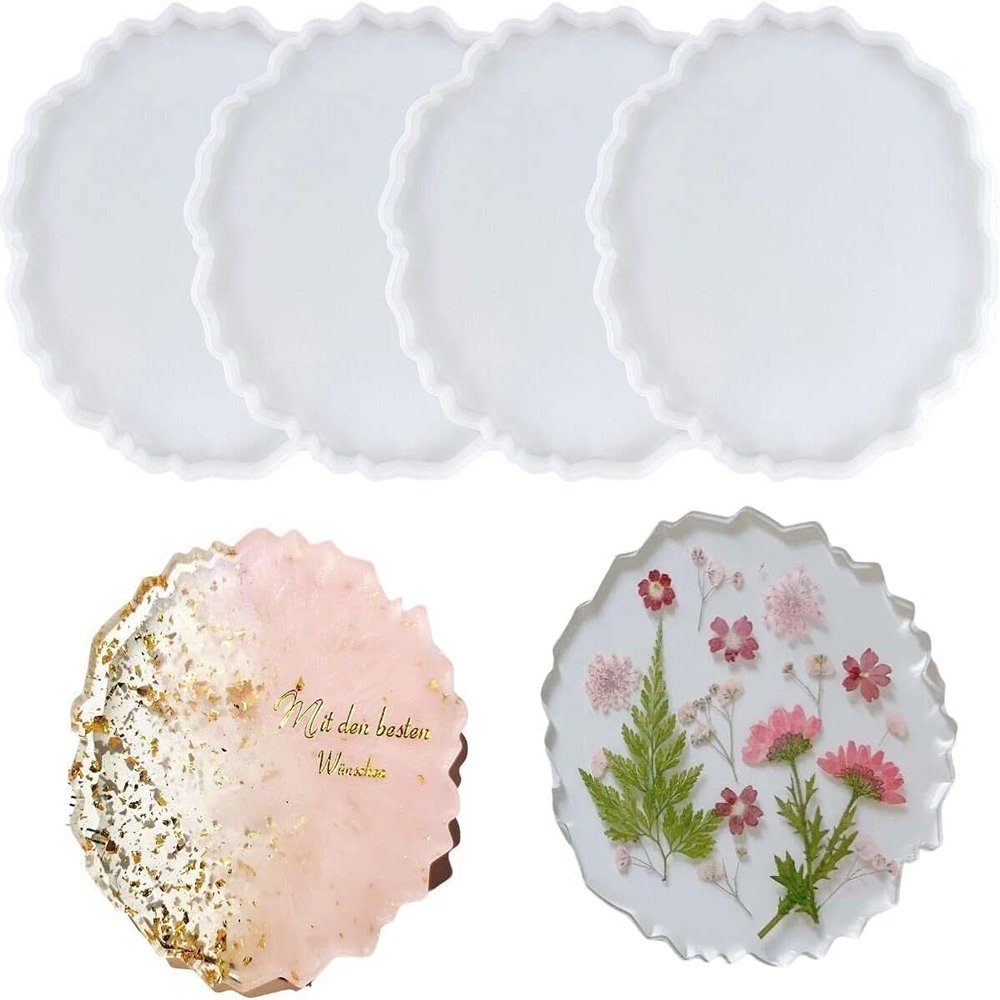Resin Coaster Molds, 4 Pcs Silicone Agate Coaster Molds for DIY Making Resin Coasters, Cups Mat (Flower)