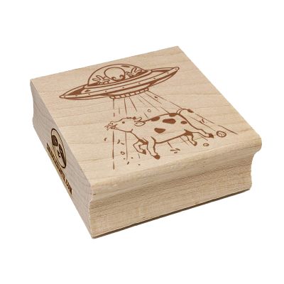 Alien UFO Abducting a Cow Square Rubber Stamp for Stamping Crafting - 2.75in Large