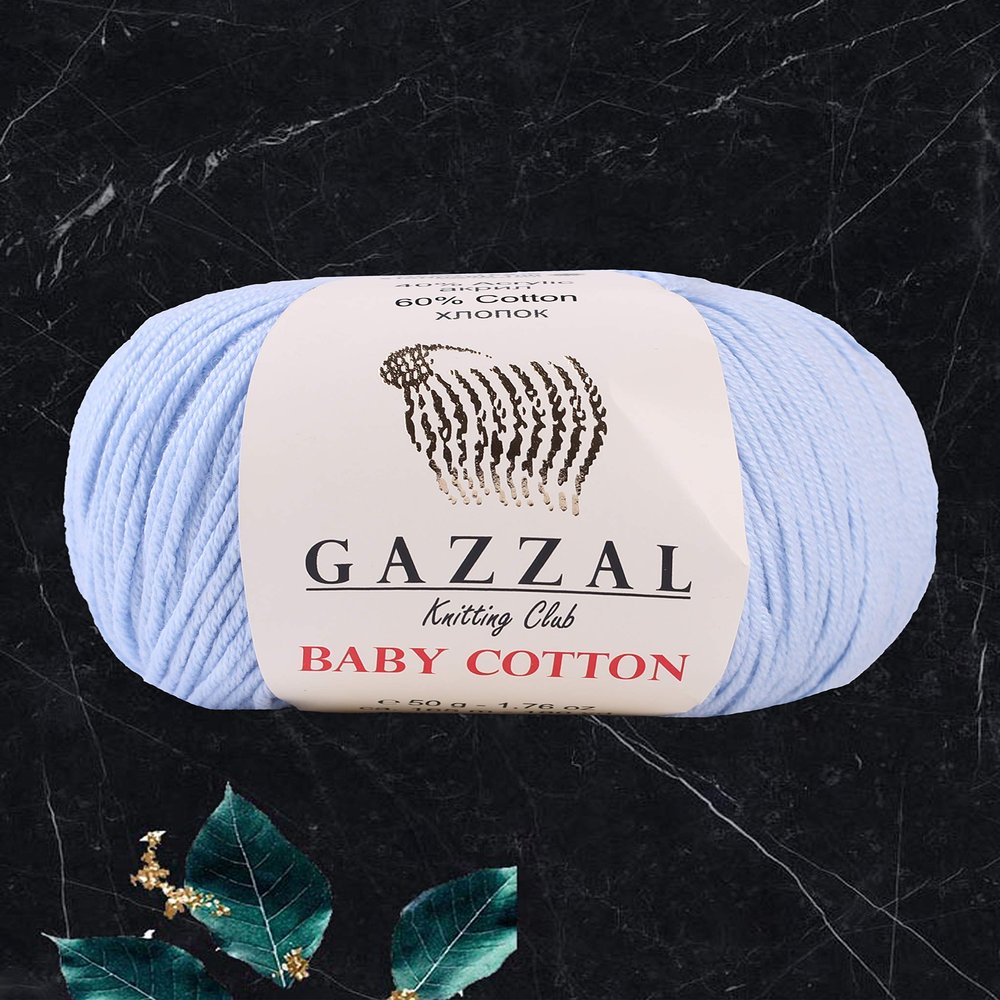 4 Ball (Skein) Gazzal Baby Cotton, 60% Cotton Each 1.76 Oz (50g) / 150 Yrds (165m) Soft, 2 - Fine Baby Yarn, Soft and Popular (3429 - Baby Blue)