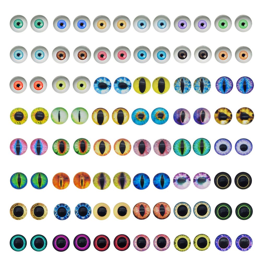 JJGQAZ 120pcs(60pairs) 10mm Mixed Style Round Glass Dragon Eye Owl Cat Eyes Gem Cover Dome Cabochons for DIY Jewelry Making Doll Eyes Making