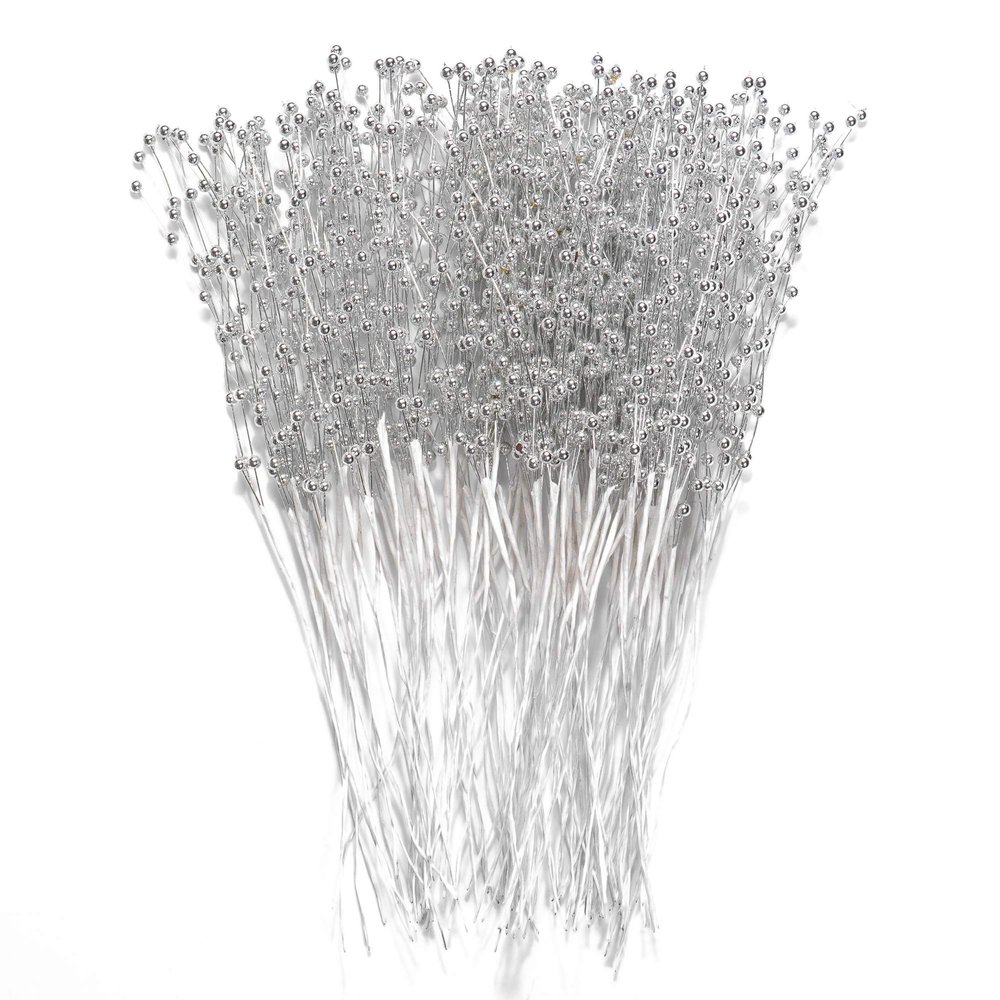 60 Pieces Pearl Stick Stems Bouquets, 4mm Bead String Garland Beaded Spray Filler Floral Arrangements Tree Picks Wedding Party Decoration, Mother's Day Flower Decor, Christmas Tree Picks (Silver)