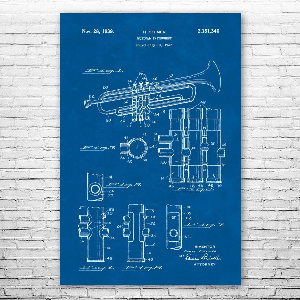 Trumpet Poster Print, Trumpet Design, Jazz Art, Music Class Decor, Music Teacher Gift, Trumpet Decor, Marching Band Gift Blueprint (20 inch x 30 inch)