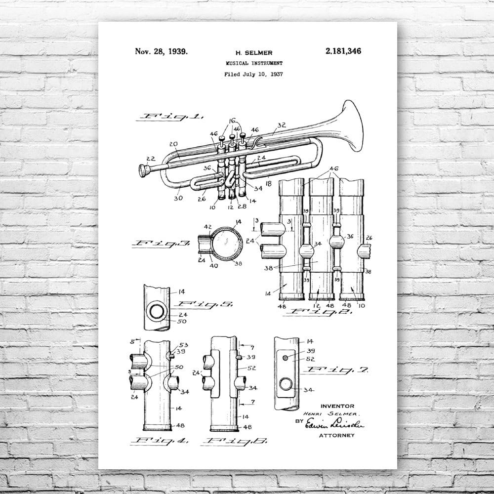 Trumpet Poster Print, Trumpet Design, Jazz Art, Music Class Decor, Music Teacher Gift, Trumpet Decor, Marching Band Gift Black & White (13 inch x 19 inch)