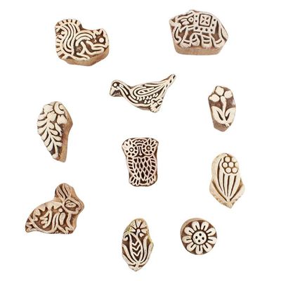 Indian Shelf Vocalforlocal Handmade Brown Set of 10 New Mix Wooden Printing Block