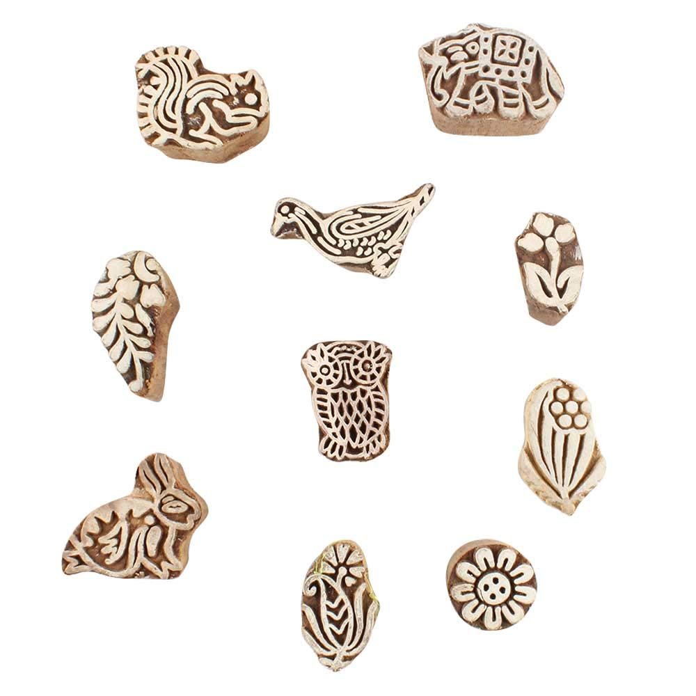 Indian Shelf Vocalforlocal Handmade Brown Set of 10 New Mix Wooden Printing Block