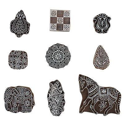 Indian Shelf Vocalforlocal Handmade Brown Set of 9 New Mix Wooden Printing Block