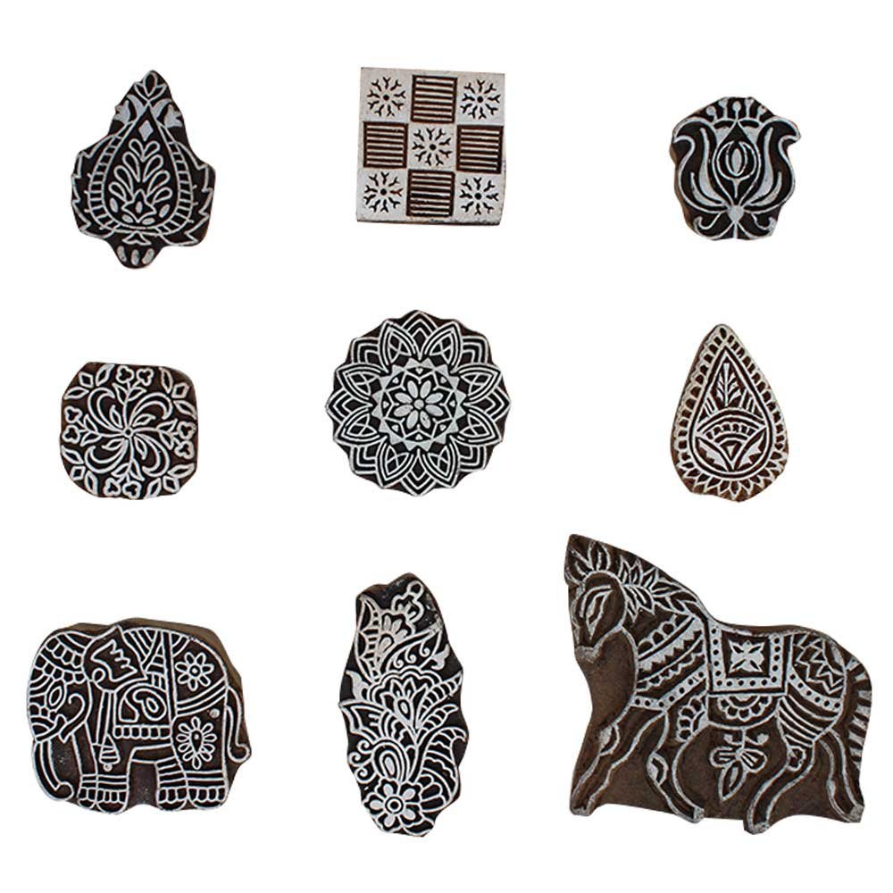 Indian Shelf Vocalforlocal Handmade Brown Set of 9 New Mix Wooden Printing Block