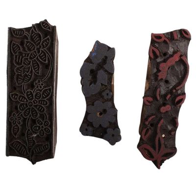 Indian Shelf Vocalforlocal Handmade Brown Set of 3 New Wooden Printing Block
