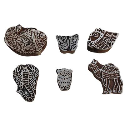 Indian Shelf Vocalforlocal Handmade Brown Set of 6 New Mix Wooden Printing Block