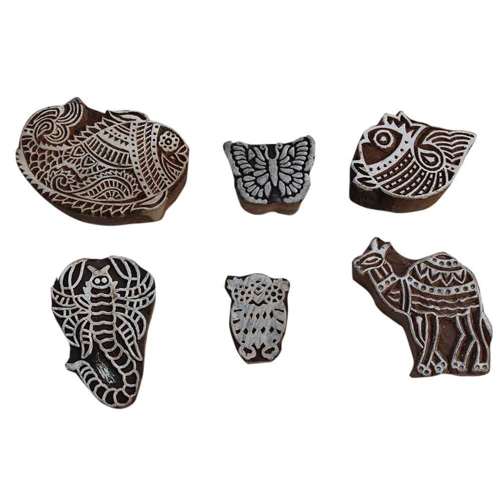 Indian Shelf Vocalforlocal Handmade Brown Set of 6 New Mix Wooden Printing Block