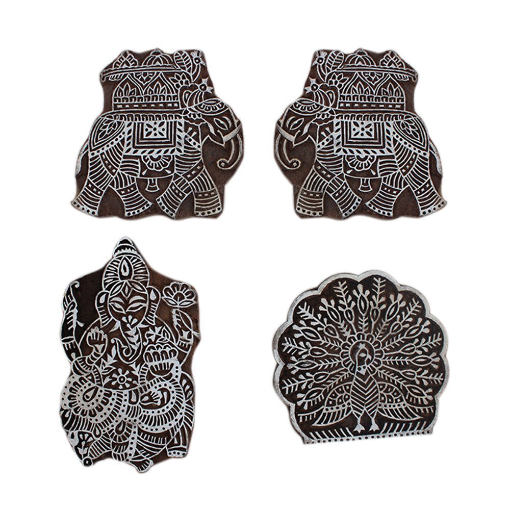 Indian Shelf Vocalforlocal Handmade Brown Set of 4 New Wooden Printing Block