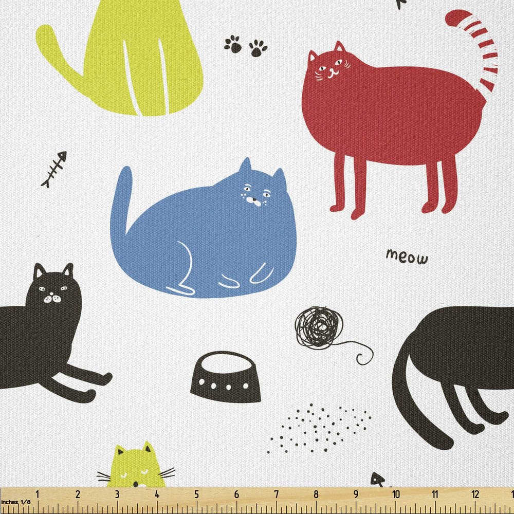 Ambesonne Kitten Fabric by The Yard, Wool Ball Cat Bowl Food Fishbone Paws Pet Symbols in Rhythmic Composition, Stretch Knit Fabric for Clothing Sewing and Arts Crafts, 10 Yards, White and Multicolor